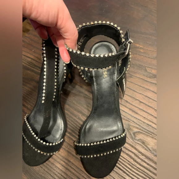 Express bedazzled black Strappy ankle suede heels Nwt $90 fall evening formal - Picture 3 of 6